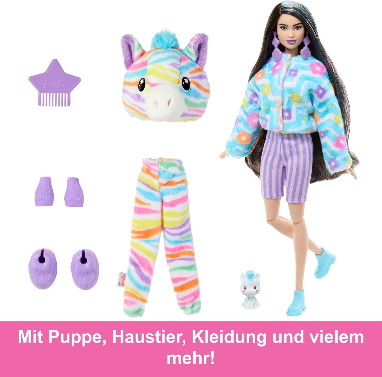 Păpușa Barbie Cutie Reveal și accesorii, costum de pluș zebră curcubeu și 10 surprize care își schimbă culoarea, gama Color Dream, HRK39