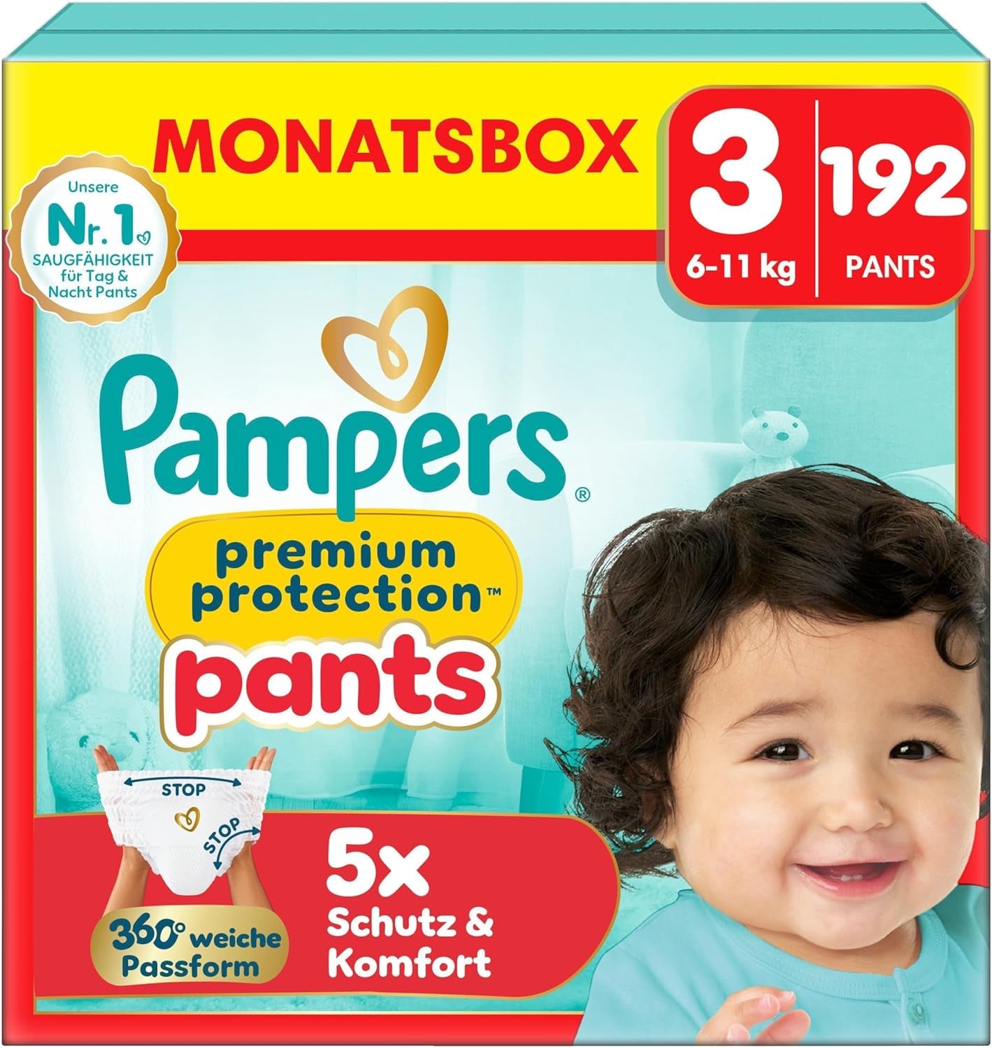 Pantaloni di protezione Premium Pampers taglia 7, 123 pannolini, 15 kg+, con regolazione a 360° e polsini morbidi anti-perdite per comfort e protezione ottimali