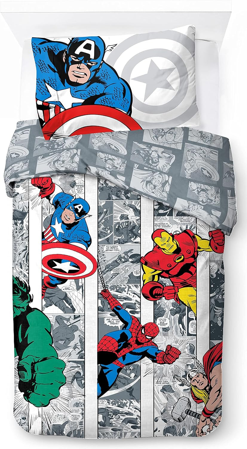 Biancheria letto per bambini, unisex, principesse e supereroi, 100% cotone Biancheria letto - bambini Naty Shop Multicolor - Avengers 135X200/50X70 (2 Pezzi)