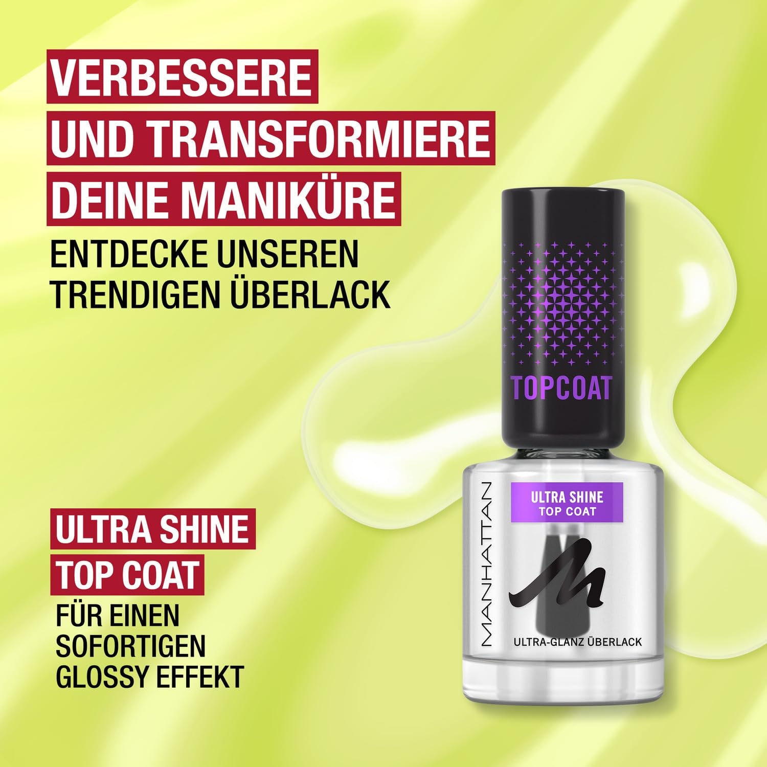Manhattan Nail Top Coat Ultra Shine, top coat trasparente dal finish lucido per una manicure a lunga tenuta, 12 ml