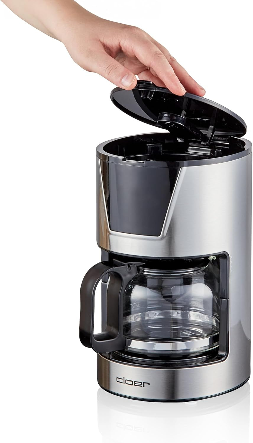 Espressor cu filtru Cloer pentru 6 cești, funcție delicată de menținere la cald, carafă din sticlă, lingură de măsurat, indicator al nivelului apei, sistem anti-picurare, oprire automată, dimensiune filtru 1x2, 550 W, oțel inoxidabil