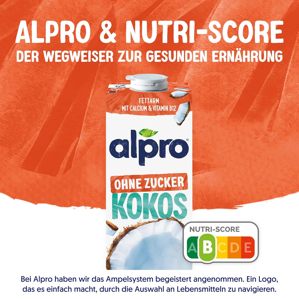 Alpro Kokosnussdrink ohne Zucker – Ohne Süßstoffe – Vegan und milchfrei – Von Natur aus lactosefrei und fettarm – Rich an Calcium und Vitaminen – 8 x 1 L