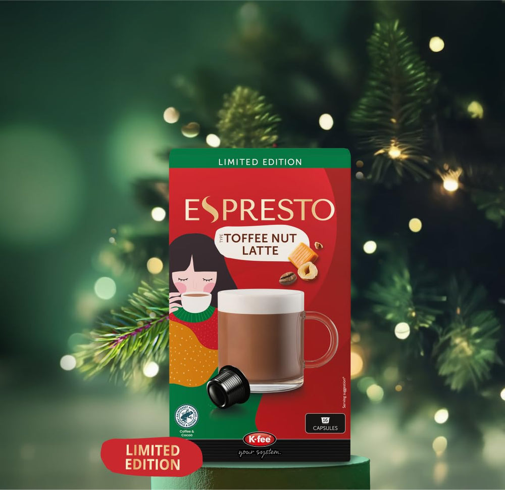 ESPRESTO Toffee Nut Latte, kompatibel mit K-fee & ALDI EXPRESSI*, aromatisierter Milchkaffee, RFA zertifiziert, 96 Kapseln