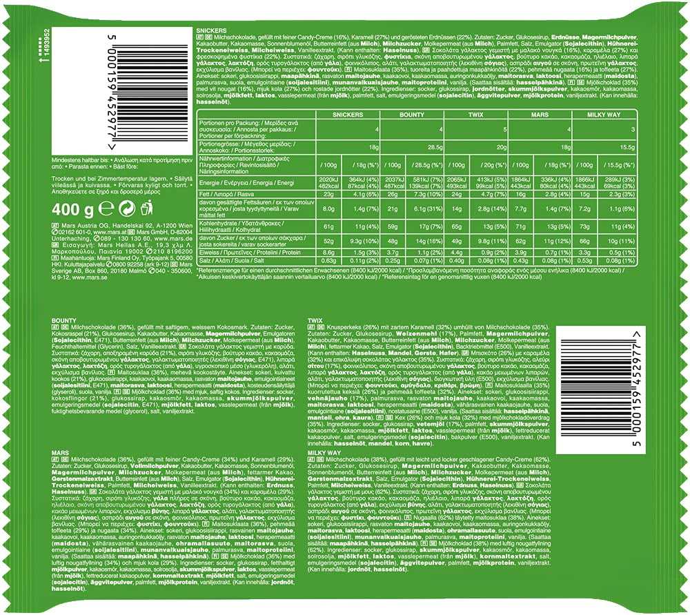 Mini misti, Snickers, Bounty, Twix, Milky Way, confezione sfusa al cioccolato, confezione unica (1 x 400 g) (confezione da 5)