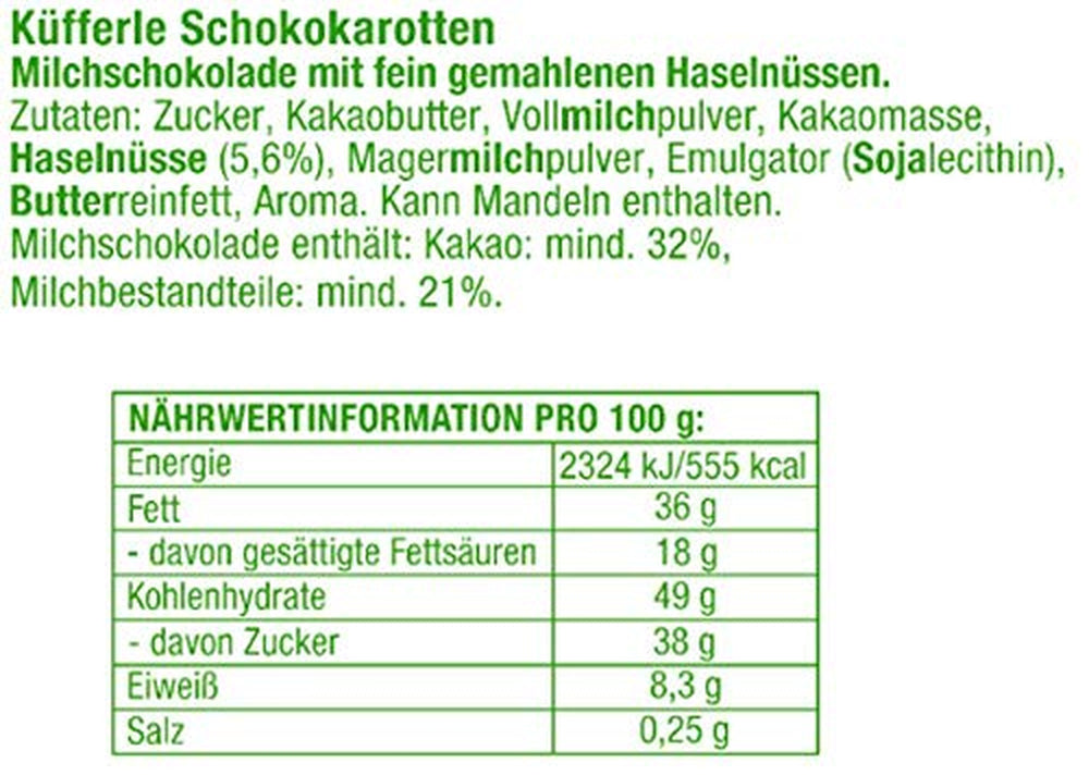 Küfferle, Carote con cioccolato originale 810 g 60 pz., Cioccolato al latte, 1 pezzo