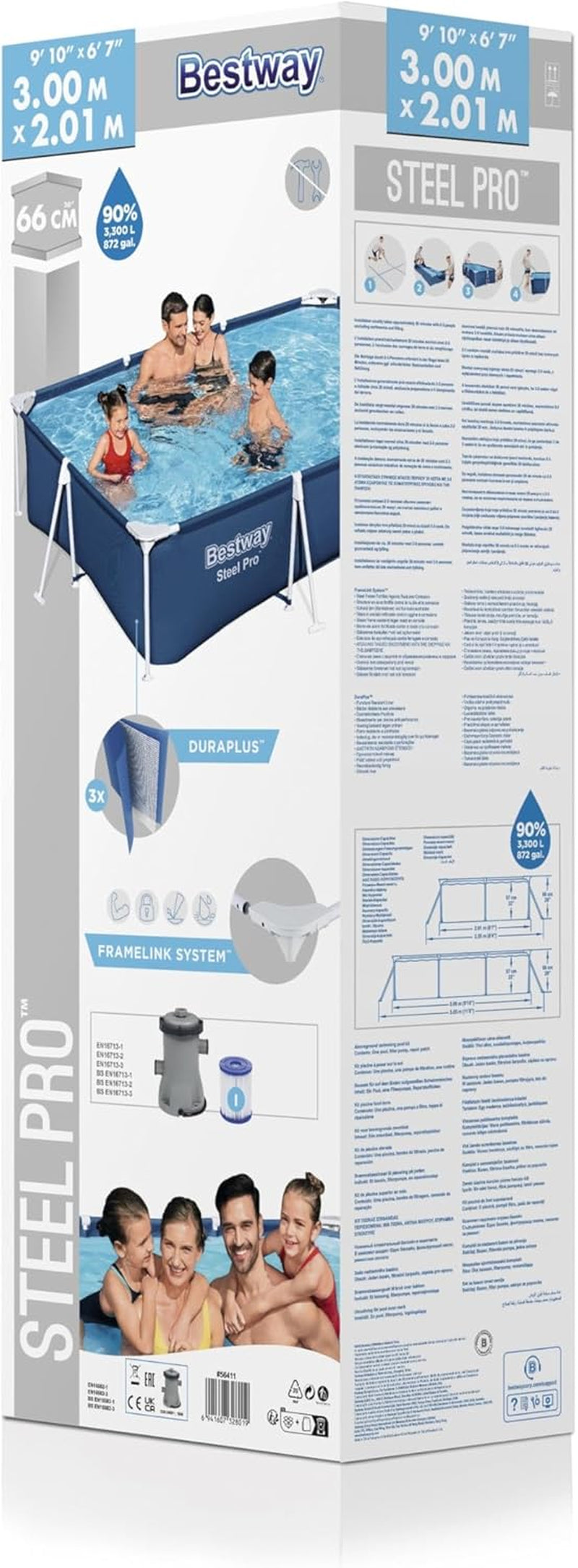 Set piscina Bestway Steel Pro, rettangolare, 3,00 mx 2,01 mx 66 cm, blu