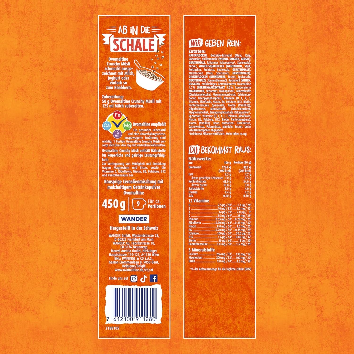 Ovomaltine Crunchy Muesli - muesli croccante al cioccolato, con una miscela unica di cereali e Ovomaltine - muesli al cioccolato, preziose vitamine, fibre e minerali (1 x 450 g)