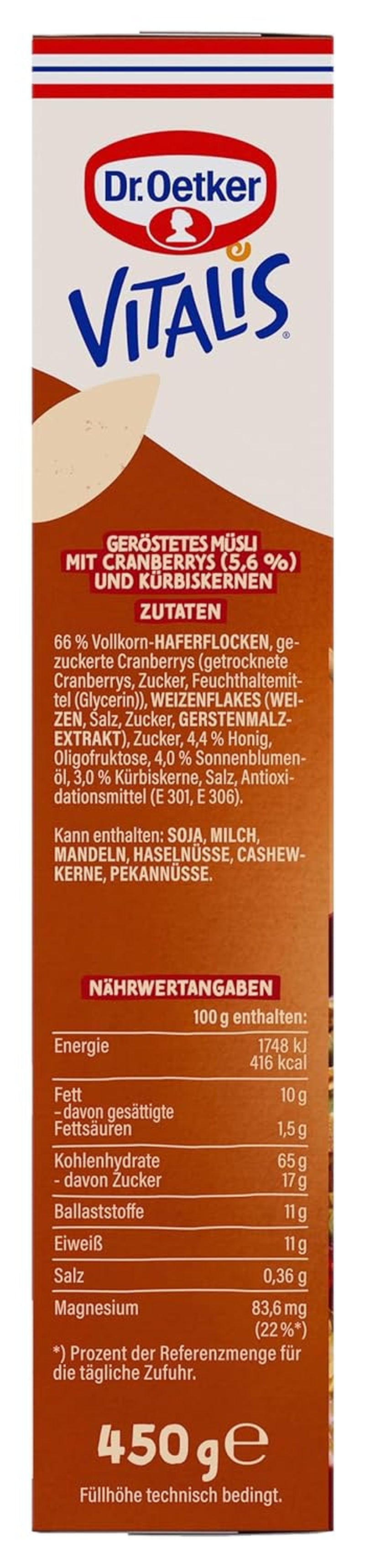 Dr. Oetker Vitalis Muesli Tostato con Mirtilli Rossi e Semi di Zucca: Muesli Tostato con Mirtilli Rossi Secchi, Confezione da 8 (8 x 501g)