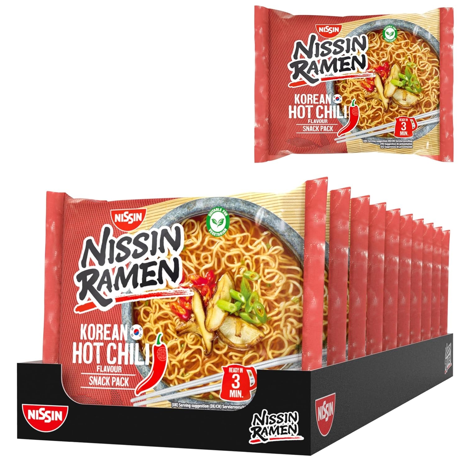 Nissin Ramen - Confezione da 10 noodles istantanei in stile asiatico con peperoncino piccante coreano basati su una ricetta coreana Cibo asiatico facile e veloce da preparare (10 x 65,2 g)