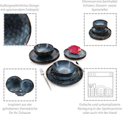 SÄNGER | Set de veselă Tokyo cu 12 piese, set de veselă din gresie pentru 4 persoane, inclusiv farfurii de cină, farfurii de desert și boluri, albastru închis cu accente negre | COLECȚIA PREMIUM