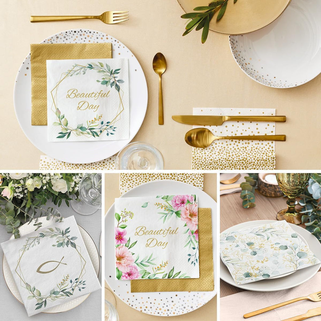 PAW - Șervețele 3 straturi (33 X 33 Cm) I 20 bucăți I Perfect pentru zile de naștere, petreceri, nunți, comuniuni și sărbători I Decor de masă Șervețele de hârtie elegante - Eucalipt auriu I Eucalipt auriu