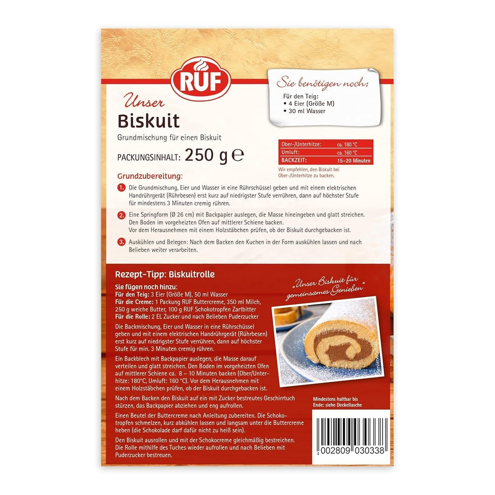 RUF Biskuit Teig, Backmischung Für Einen Saftigen Biskuitteig, Gelingsicher Und Schnell Zuberitet, Zur Herstellung Von Biskuitrollen, Biskuitkuchen Oder Tortenboden, 1 X 250G Naty Shop