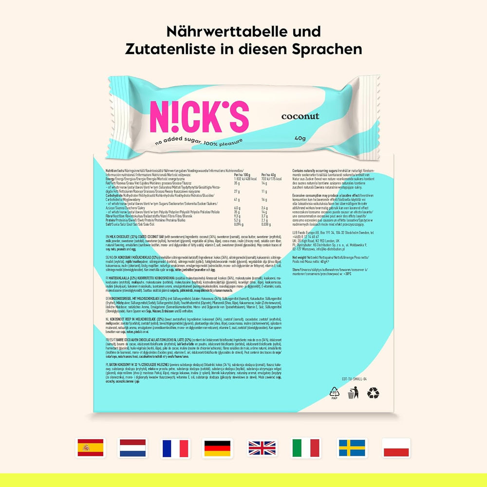 NICKS Keto barrette al cocco, snack al cioccolato e cocco, 175 calorie, 2 carboidrati netti, senza zuccheri aggiunti, senza glutine, dolci a basso contenuto di carboidrati (15 x 40 g)