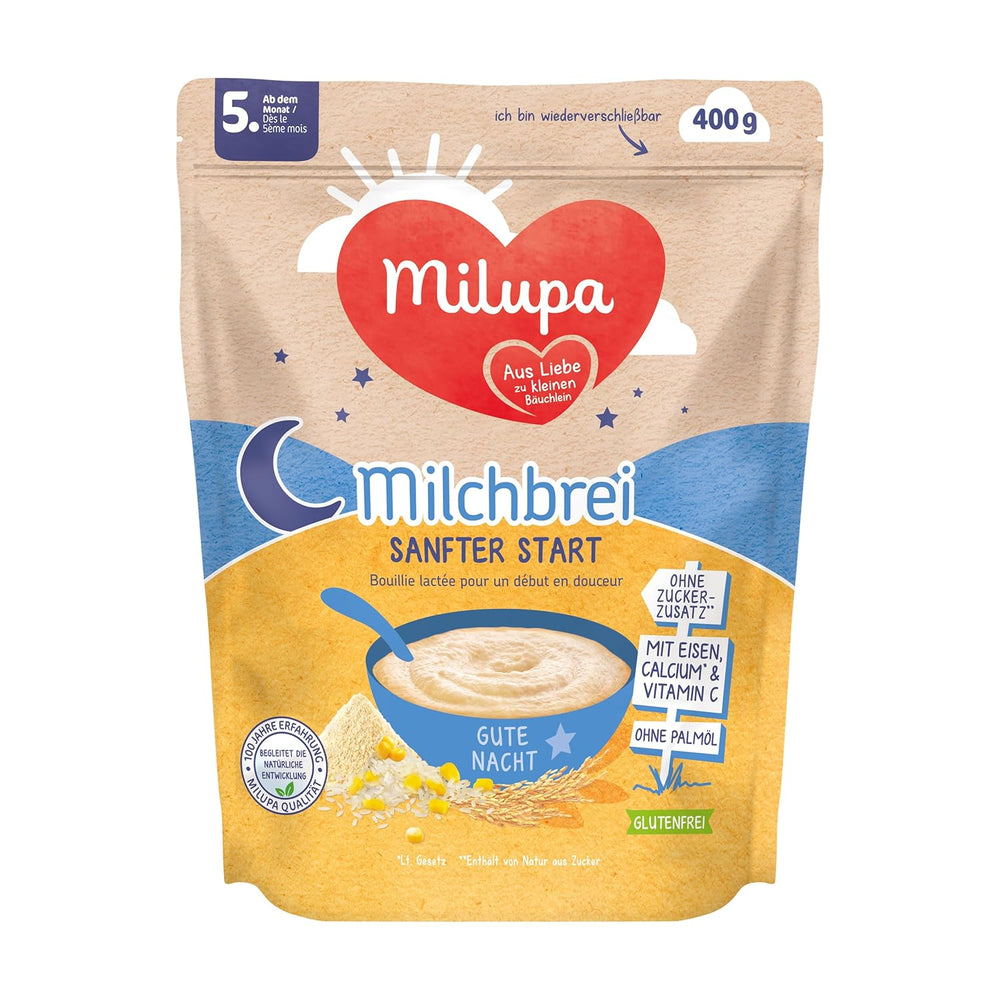 Porridge di latte Milupa Gentle Start - Cereali per neonati senza glutine, senza olio di palma - Senza conservanti e coloranti - Dai 5 mesi - 4 x 400 g