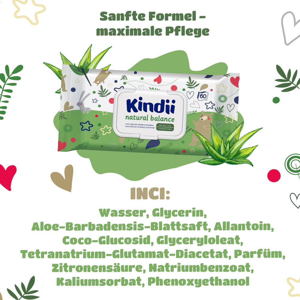Salviettine umidificate per neonati Kindii Natural Balance – (1 x 60 pz.) Salviette umidificate per neonati e bambini – Protettive, Aloe Vera, Fragranza delicata – 60 pz.