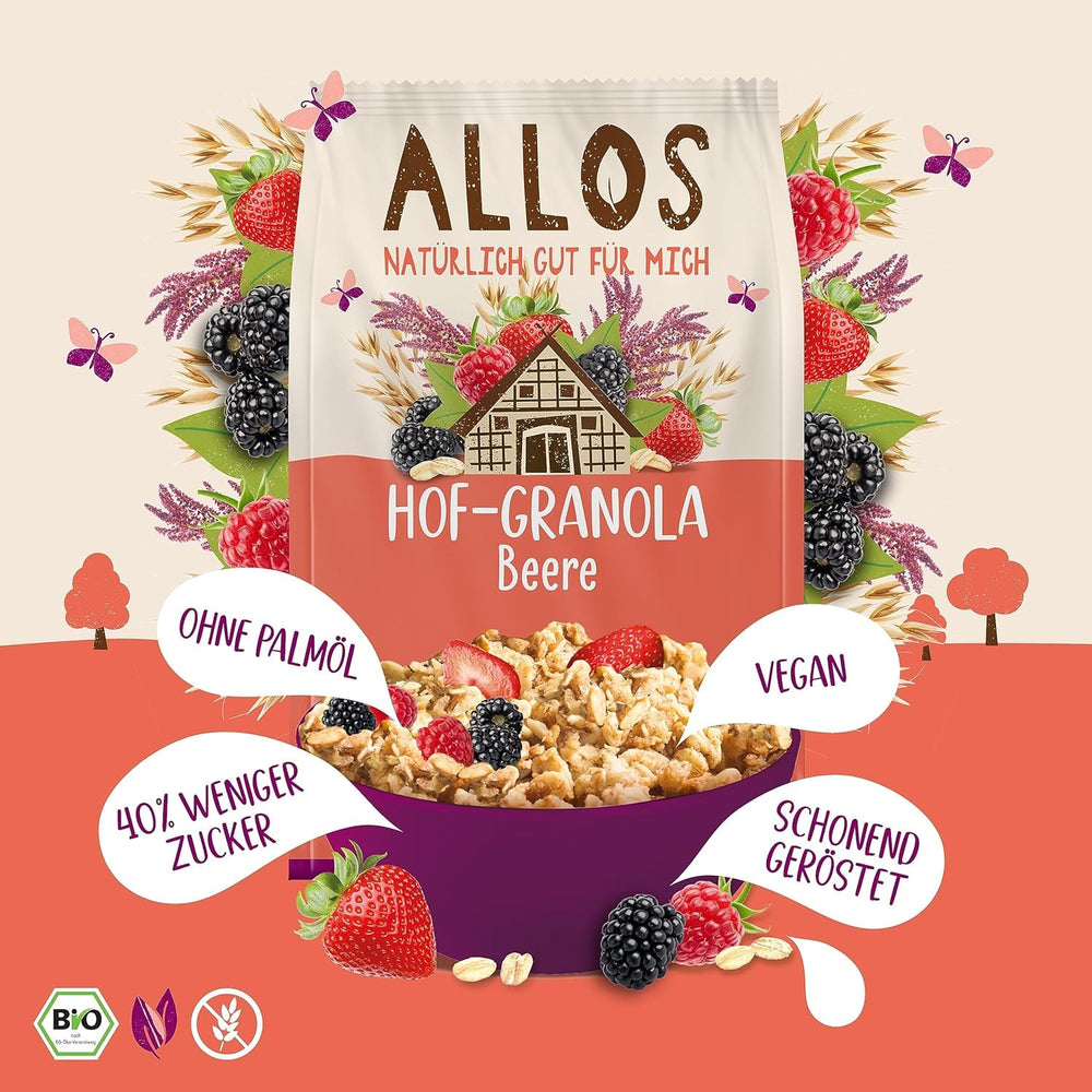 Allos Hof Granola ai frutti di bosco | Muesli biologico | Muesli ai frutti di bosco | Muesli Croccante | Cereali per la colazione | Confezione da 6 (6 x 300 g), 1 pezzo (confezione da 6)