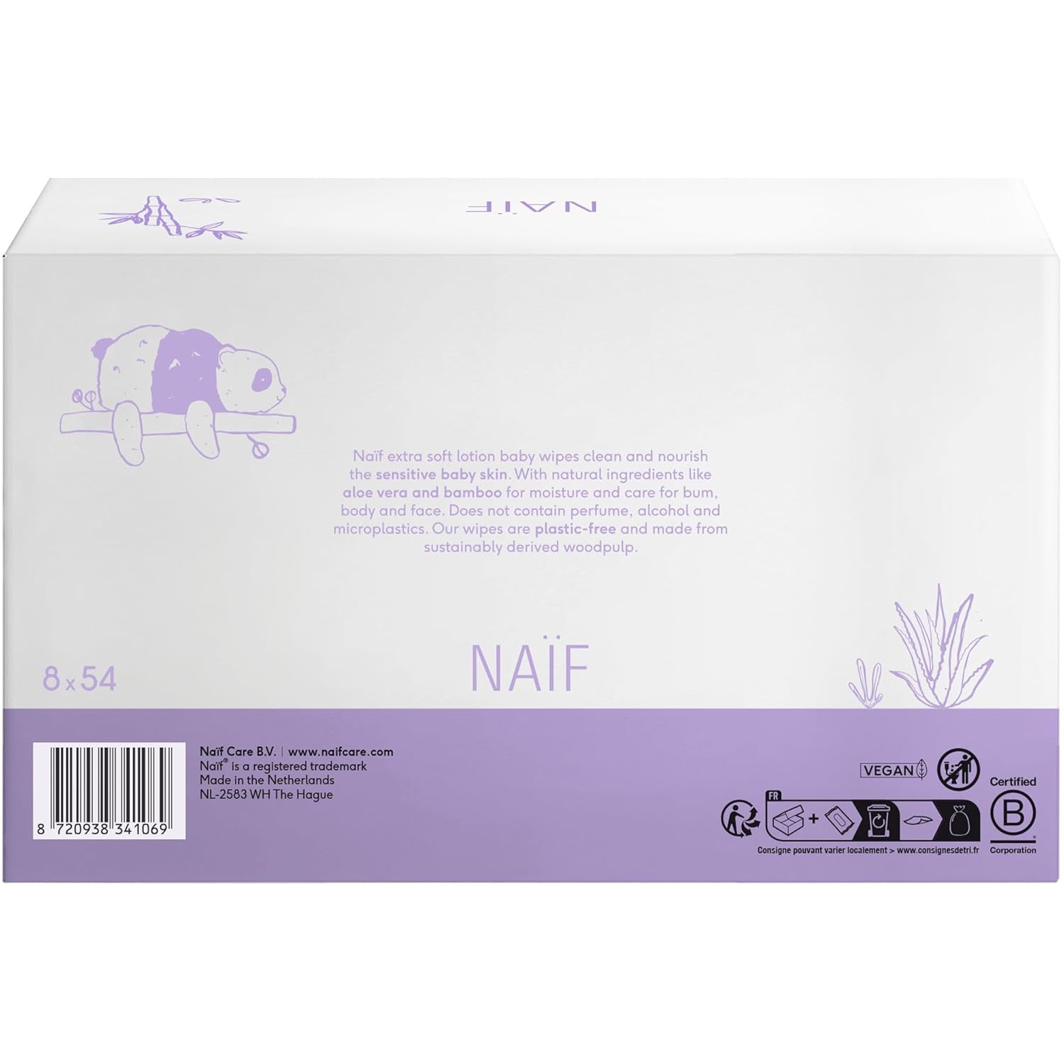 Naïf - Salviette umidificate con lozione senza plastica - 1296 pezzi (24 confezioni da 54 salviette) - per neonati e bambini - Culetto, corpo e viso del neonato - con Aloe Vera e Bambù - 0% Fragranza e Alcol