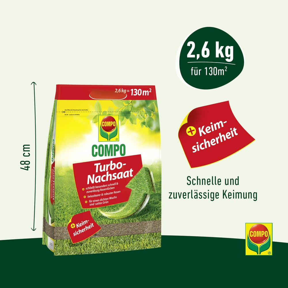 COMPO Turbo Nachsaat - Schnellkeimende Rasensaat - Premium Rasensamen Mit Keimsicherheit - 2,6Kg Für 130 M²