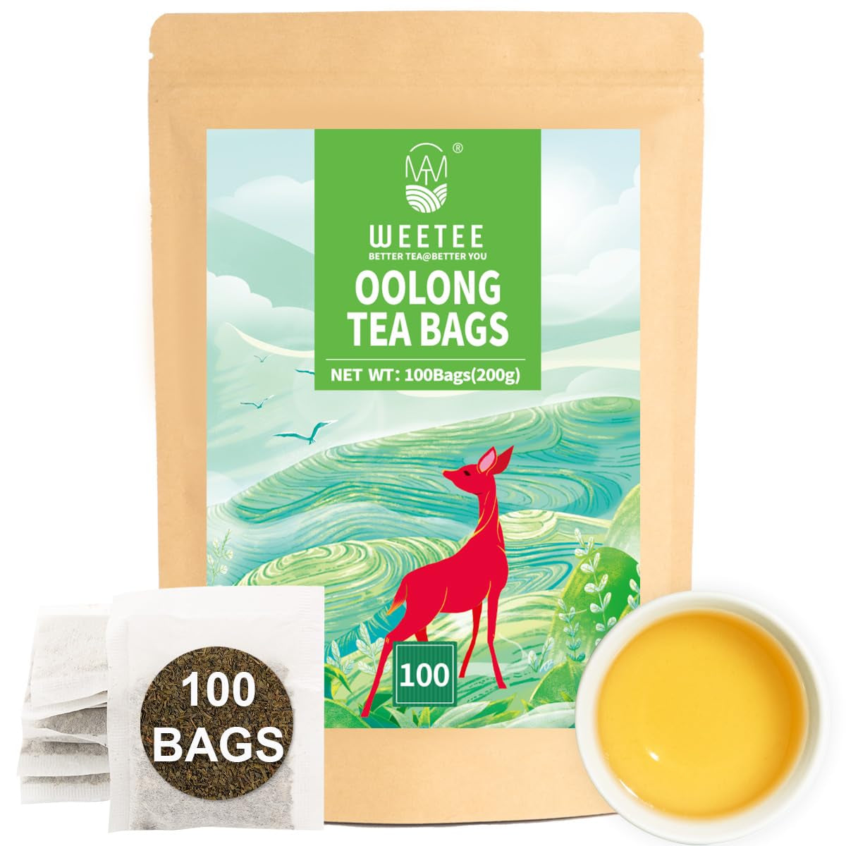 WEETEE Pliculețe de ceai verde, 100 bucăți Pliculețe de ceai verde, ceai verde pur, super antioxidant | Pliculețe resigilabile | Preparare fierbinte sau rece