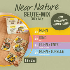 GimCat Near Nature Trial Mix Pachet de 12 - Hrană umedă fără cereale pentru pisici de la 7 luni, cu o rețetă adecvată speciei și specifică prăzii - 12 pliculețe (12 x 85 g)