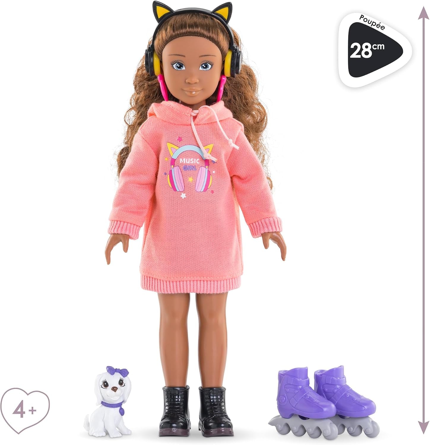 Corolle Girls Melody Music und Fashion Set, Ankleidepuppe im coolen Hoodiekleid mit Hund, trendy Kopfhörer, Ohrringe und extra Inlineskates, Vanilleduft, 28cm, ab 4 Jahren