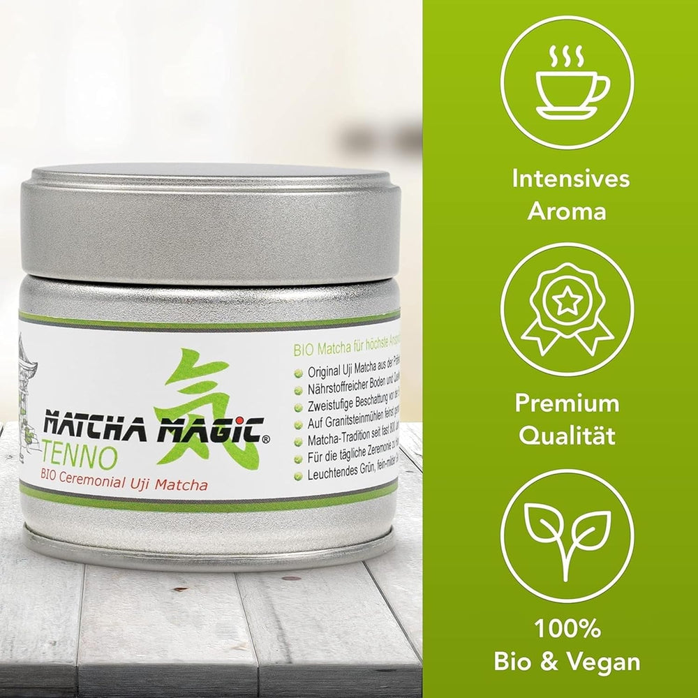 Matchamagic Tenno Ceai Matcha organic pudră 30 g - Ceai verde japonez original de calitate ceremonială - Matcha de înaltă calitate din Japonia pentru o savurare pură - Ideal pentru prepararea ceaiului și a smoothie-urilor