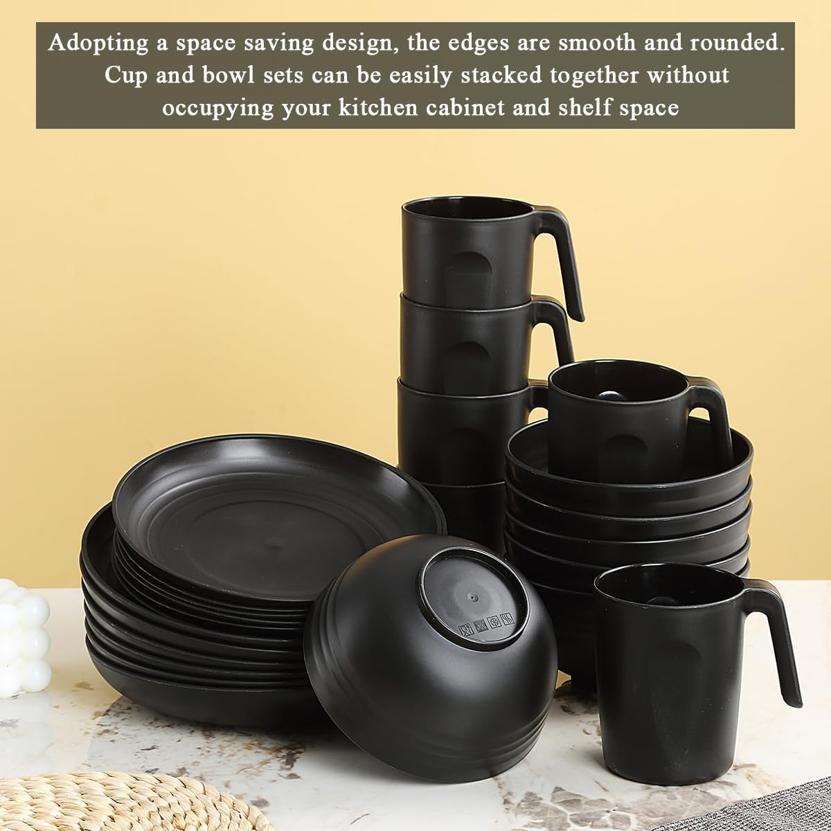 Set de veselă Berglander din plastic negru, 24 de piese pentru 6 persoane, farfurii și boluri reutilizabile, inclusiv farfurii de cină, farfurii de desert, boluri pentru cereale și cești pentru casă, grădină și picnicuri