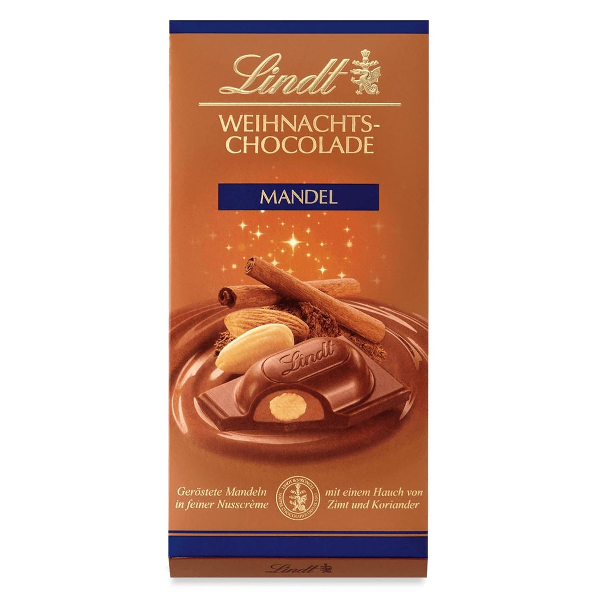 Lindt Tavoletta di cioccolato alle mandorle natalizie | 100 g| Mandorle in crema di noci ricoperte di finissimo cioccolato al latte | Regalo di cioccolato di Natale