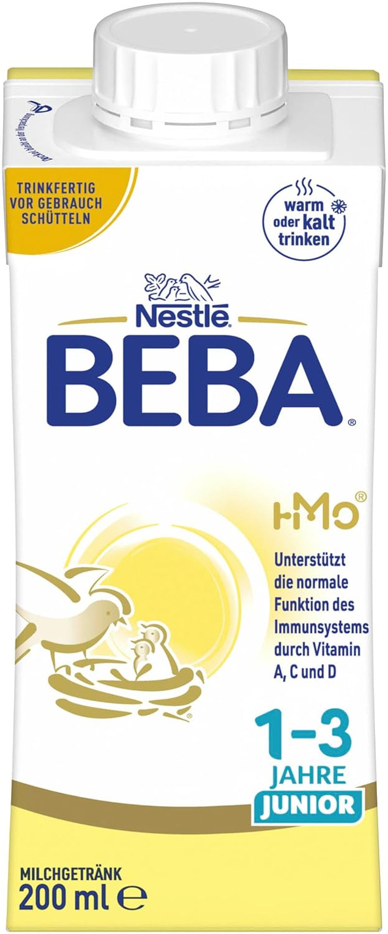 BEBA Junior, bevanda a base di latte pronta da bere per 1-3 anni, con HMO, contenuto proteico adeguato all'età, senza olio di palma, senza olio di pesce, alimenti per bambini, confezione da 6 (6 x 200 ml)
