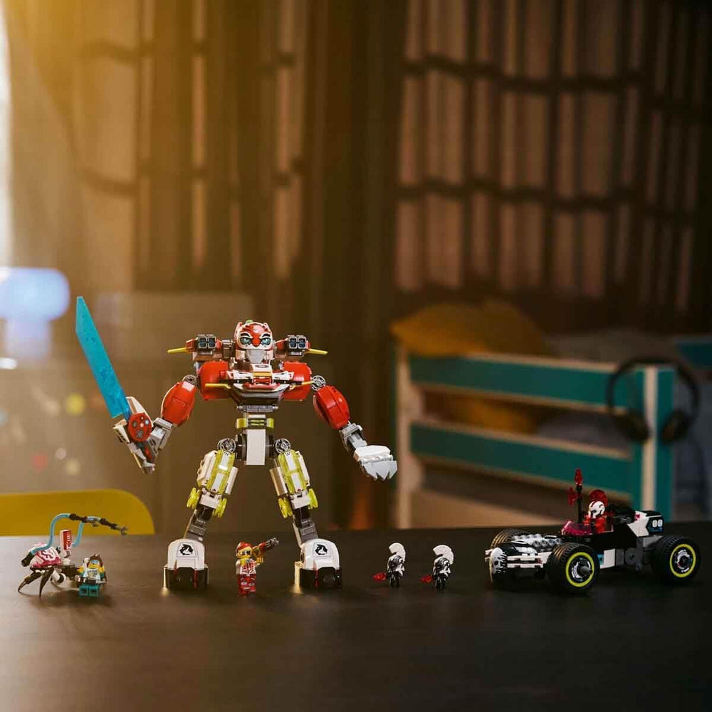 LEGO Dreamzzz Cooper's Tiger Mech și Zero'S Hot Rod Car, mașină de jucărie pentru copii, cadou pentru băieți și fete de la 9 ani, set de joacă 2 în 1 cu Mech și minifigurine 71497 Seturi de constructie Besuche den LEGO-Store