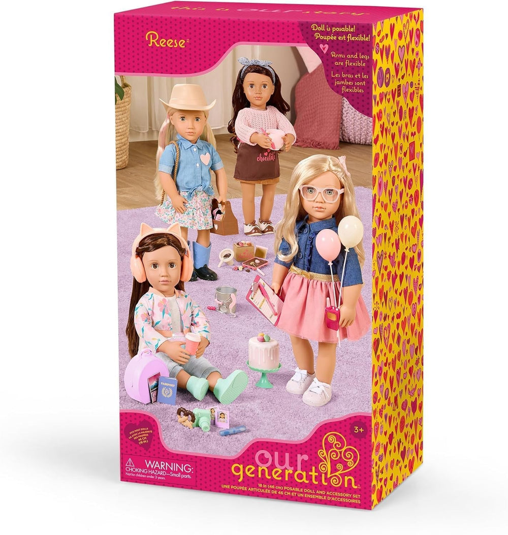 Our Generation - Reese - Bewegliche 46 cm-Puppe - Lebensechte braune Augen & langes braunes Haar - Handgepäck und Reisezubehör - Vorgetäuschtes Spiel - Spielzeug für Kinder ab 3 Jahren