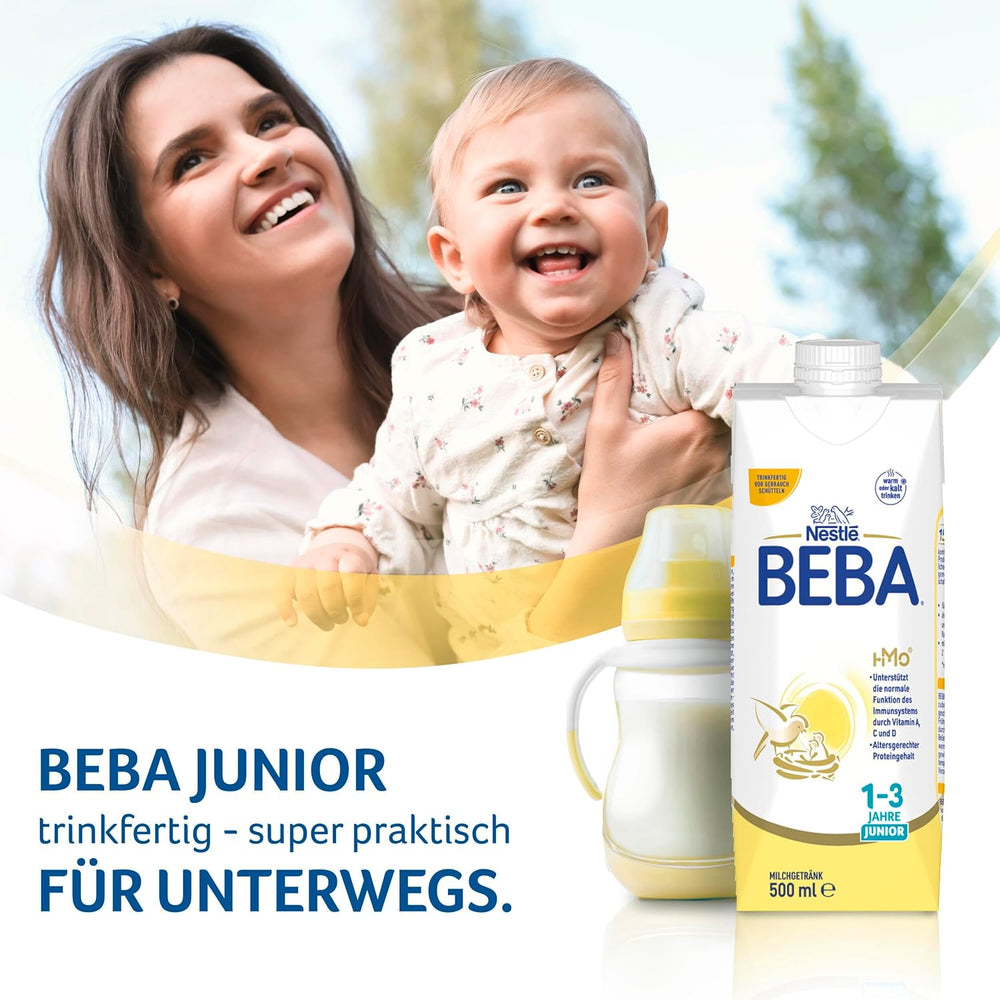 BEBA Junior, bevanda a base di latte pronta da bere per 1-3 anni, con HMO, contenuto proteico adeguato all'età, senza olio di palma, senza olio di pesce, alimenti per bambini, confezione da 12 (12 x 500 ml)