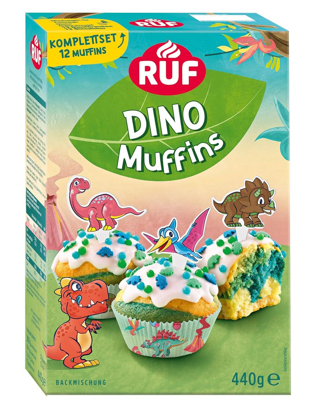 RUF Dinolino Cake, Tort tricolor în foi cu aromă de lămâie, 850 grame Sprinkles Naty Shop Dinomuffins