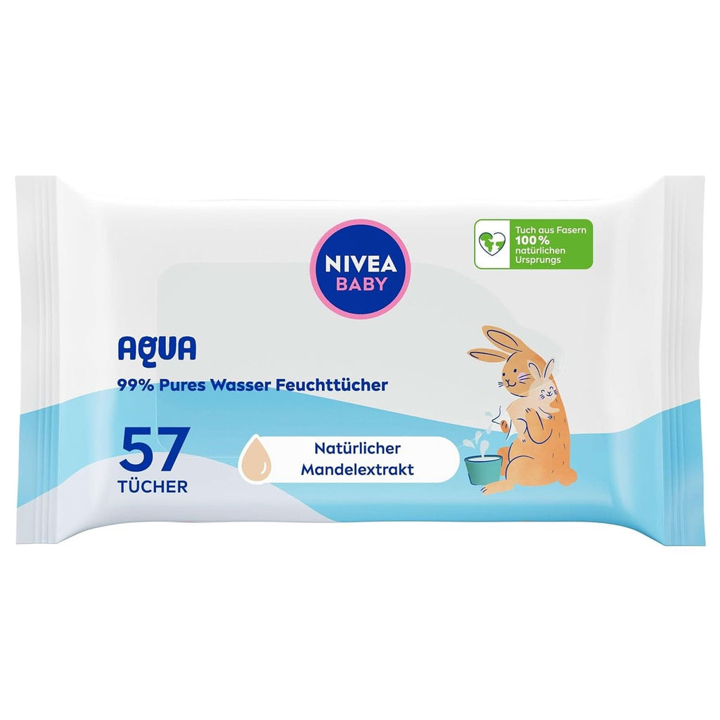 NIVEA Baby AQUA Feuchttücher, Baby Feuchttücher Zur Sanften Reinigung Empfindlicher Haut, Hypoallergene Und Parfümfreie Feuchttücher Für Babys Mit 99% Wasser (1 X 57 Stück) Servetele Umede Bebelusi Naty Shop 57 Stück (1Er Pack)