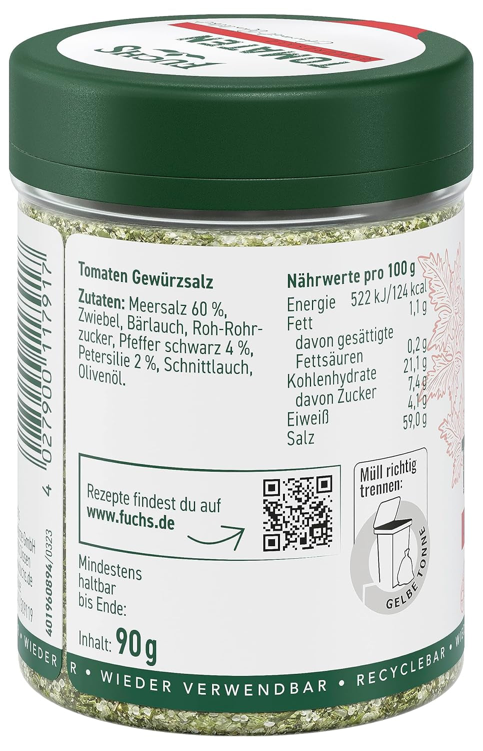 Fuchs Gewürze - Tomato Gewürz - Gewürzsalz für Tomatenbrot, Frühstücksei oder Steak - ingredienti naturali - 90 g in wiederverwendbarer, recyclebarer Dose