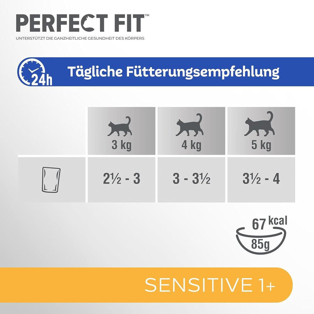 Hrană umedă pentru pisici Perfect Fit Sensitive 1+ cu pui în sos, 12 pliculețe, 12 x 85g – Hrană umedă premium pentru pisici sensibile de la 1 an, fără grâu și soia, pentru a susține digestia