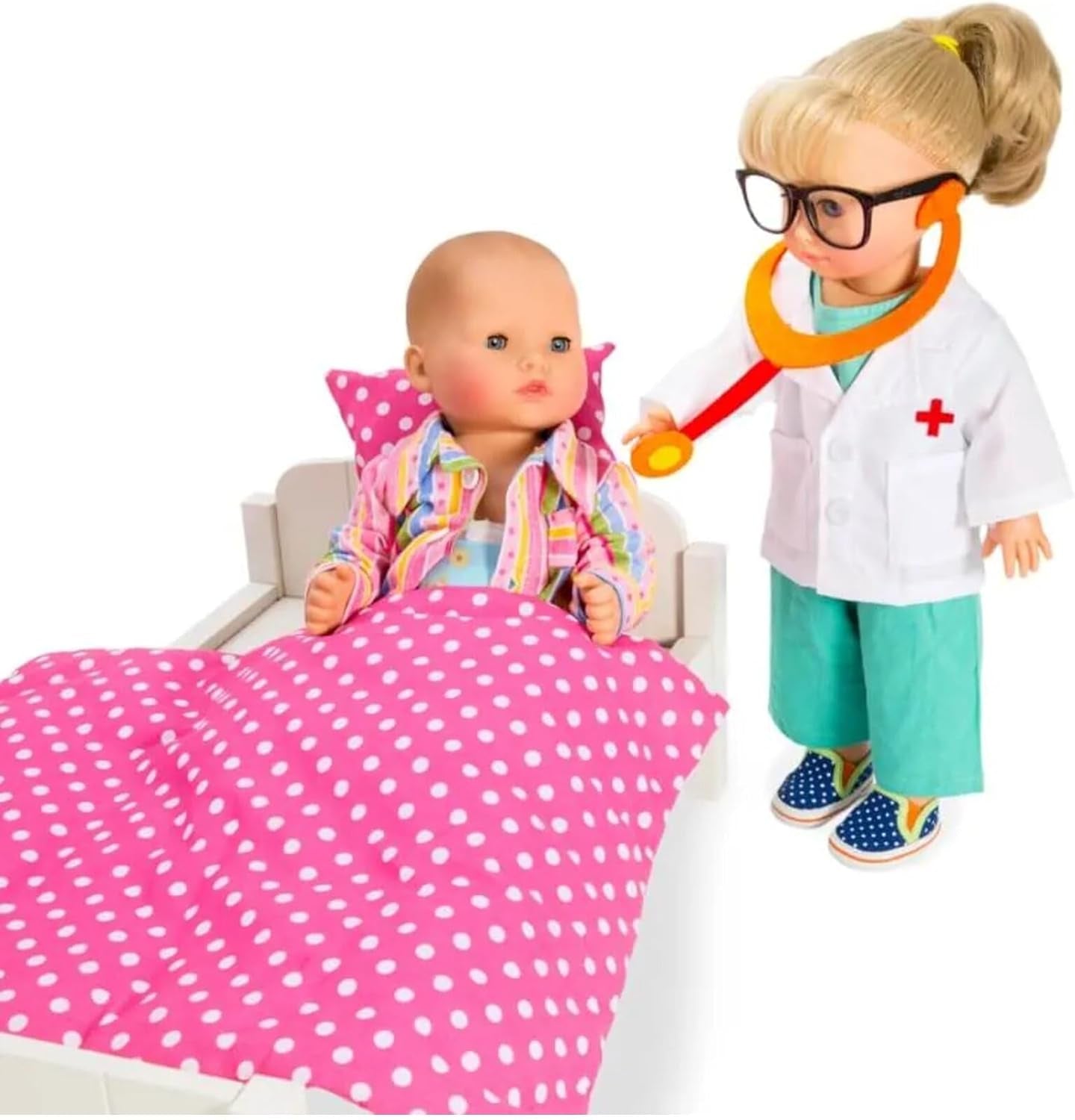 Heless 1653 - Bekleidungs-Set für Puppen, 4 teiliges Arzt-Outfit mit Hose, Hemd, Arztkittel und Stethoskop, Größe 28 - 35 cm