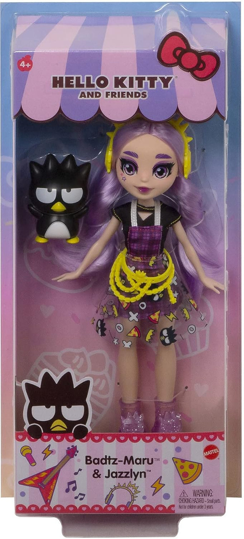 Mattel Hello Kitty GWW98 - Sanrio Badtz-Maru Figur und Jazzlyn Puppe (circa 25,4 cm) con abbigliamento e accessori, lunghi capelli lisci e outfit alla moda, tolles Geschenk für Kinder ab 3 Jahren