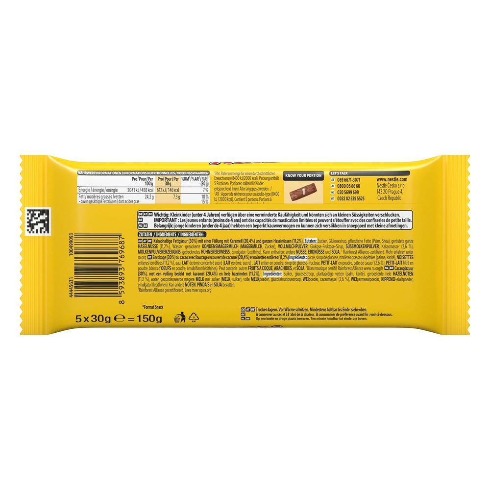 Nestlé NUTS, barrette di cioccolato alle nocciole con ripieno di caramello, nocciole intere e deliziosa crema caramellata, ricoperte di cioccolato al latte, 1 confezione (5 x 30 g)