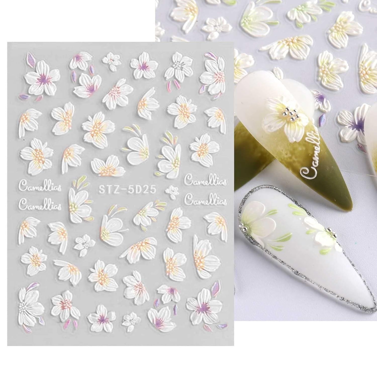 JMEOWIO 3D Nagelsticker Frühling Blume Nail Art Sticker Selbstklebend Nagelaufkleber 5D Stereoskopisch Blumen Dekoration Nageldesign Zubehör 4 Blatt