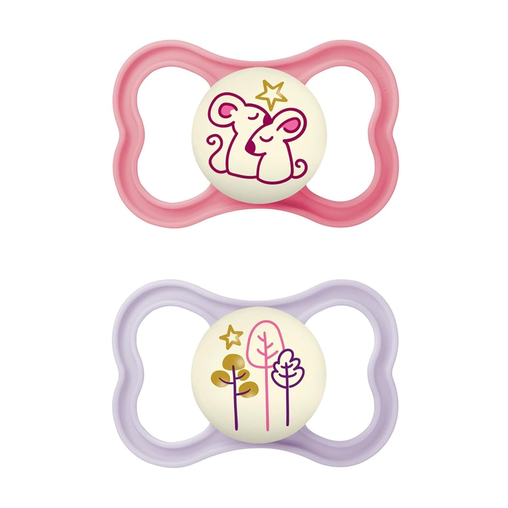 Suzete MAM Air din silicon, pachet de 2, design extra ușor și aerisit, suzetă pentru bebeluși prietenoasă cu dinții, fabricată din silicon special MAM SkinSoft, cu cutie pentru suzetă, 6-16 luni, Ursuleț/Rinocer