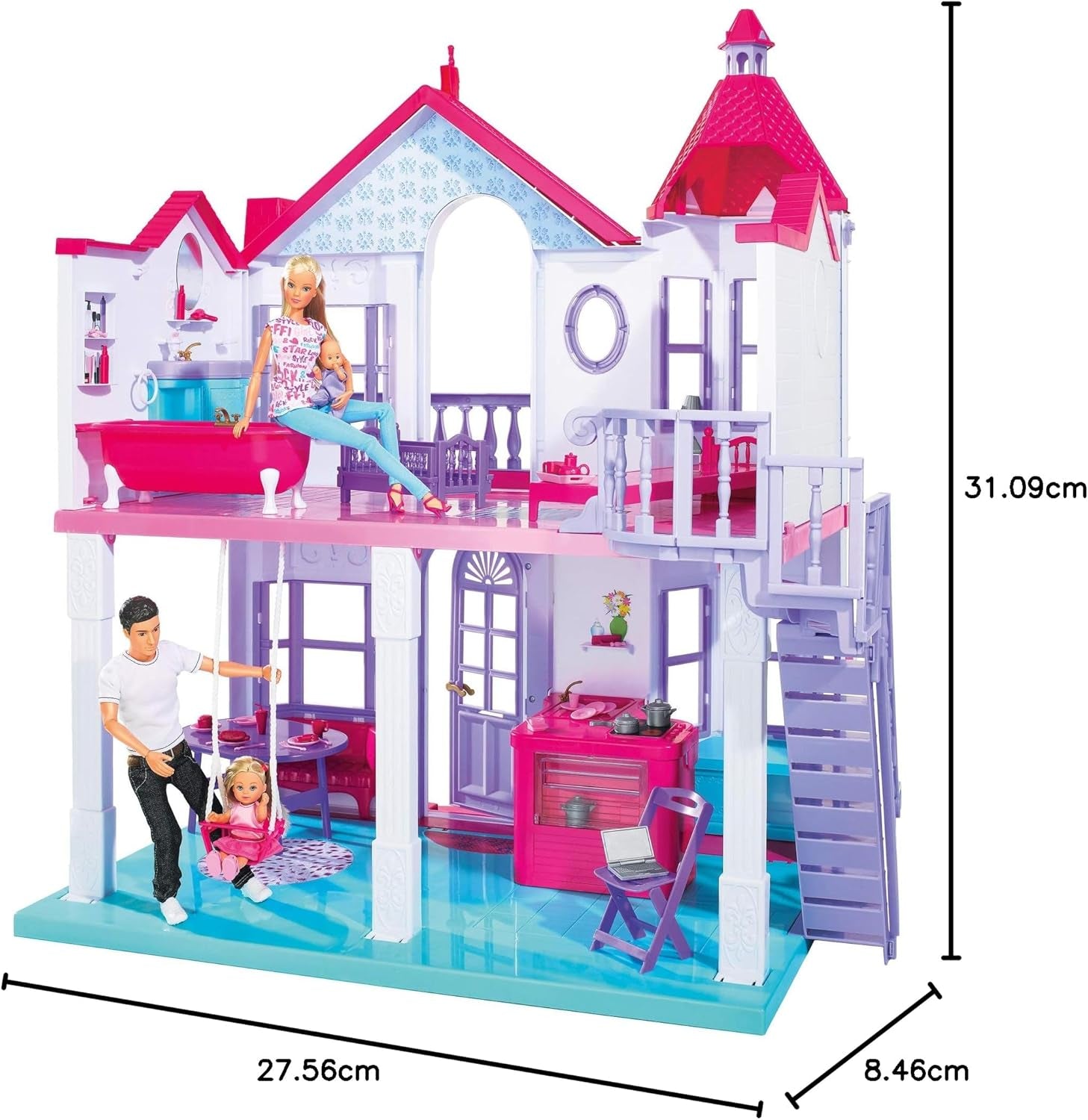 Simba 104661996 - Steffi Love Dreamhouse, Casă de joacă mare, 4 camere, FĂRĂ PUPPETS, 84cm înălțime, Două etaje, Clopoțel funcțional, Pliabil Casute de papusi Naty Shop