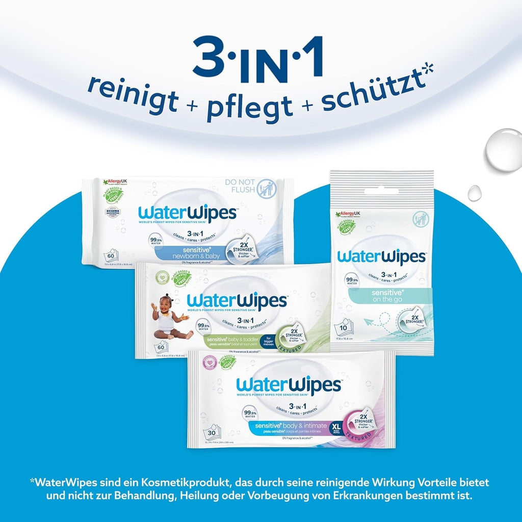Waterwipes Adult Care Body & Intimate Hygiene Wipes, 180 șervețele (6 pachete), 99,9% apă, 3-In-1 Curăță, Hrănește, Protejează, Neparfumate, Ambalajul poate varia