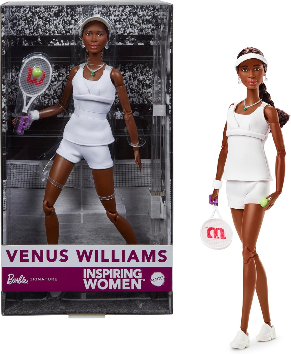 Seria Barbie Inspiring Women, păpușă la modă Venus Williams cu uniformă și rachetă de tenis semnate, inclusiv ambalaj de prezentare, HRM49