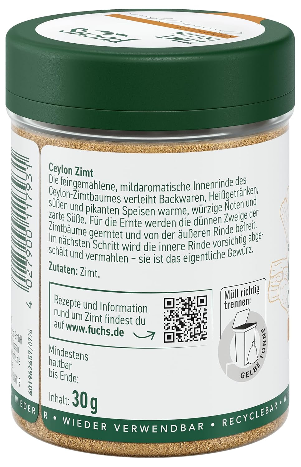 Fuchs Gewürze - Zimt Ceylon gemahlen | Ingrediente naturale | 30 g in wiederverwendbarer, recyclebarer Streudose