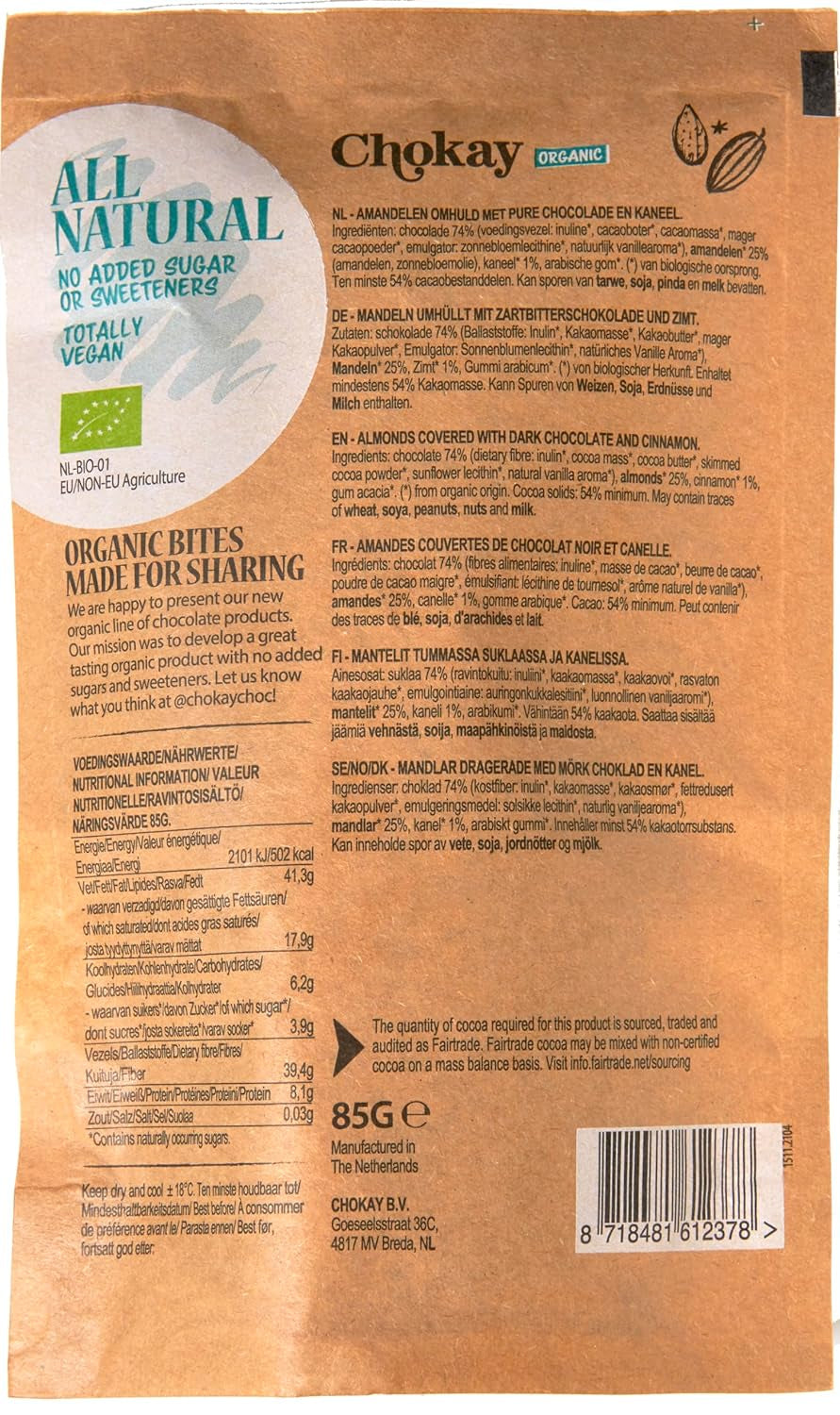 Set di 4 bocconcini biologici - Mandorle alla cannella/Mandorle alla cannella in cioccolato fondente belga/Senza zuccheri aggiunti, senza dolcificanti/VEGAN e COMMERCIO EQUO / 4 x 85 g