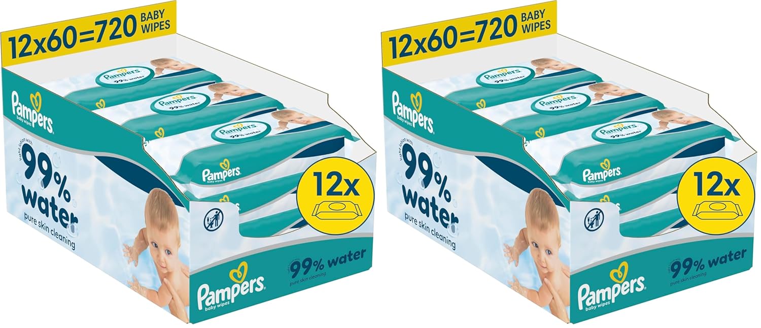 Salviette per neonati Pampers 99% acqua, 12 confezioni da 60 salviette ciascuna = 720 salviette per neonati, lozione leggera 99% acqua