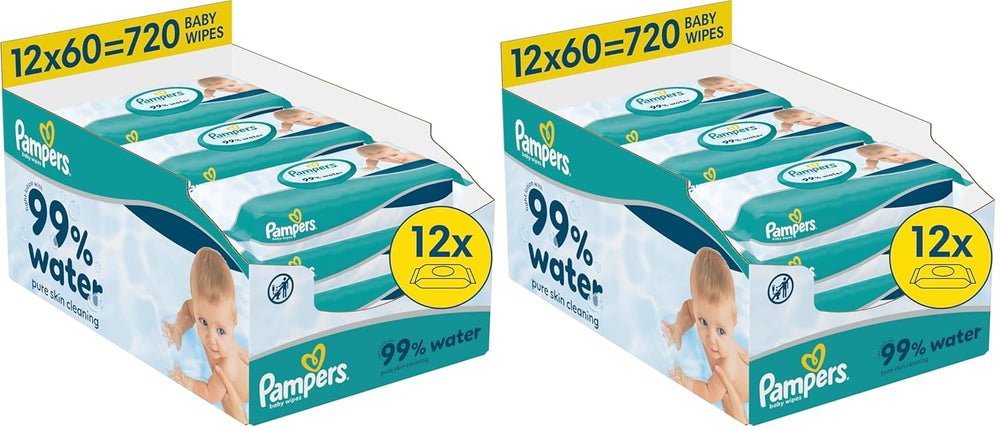 Salviette per neonati Pampers 99% acqua, 12 confezioni da 60 salviette ciascuna = 720 salviette per neonati, lozione leggera 99% acqua