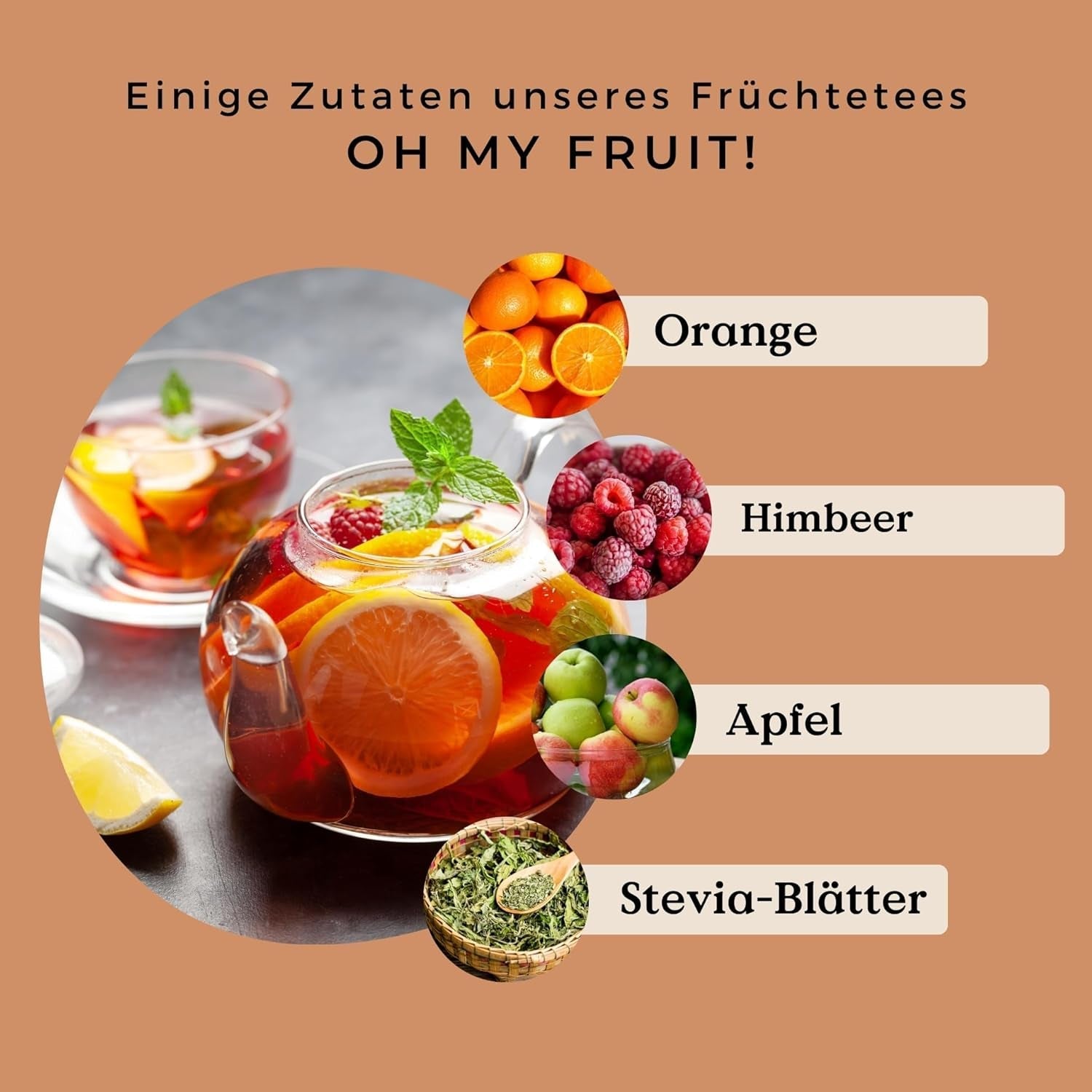 Ceai de fructe BIO Oh My Fruit 100 g (50 de cești) | Ceai de fructe vrac cu mere, hibiscus, zmeură, portocale și frunze de stevia REPLANTEA