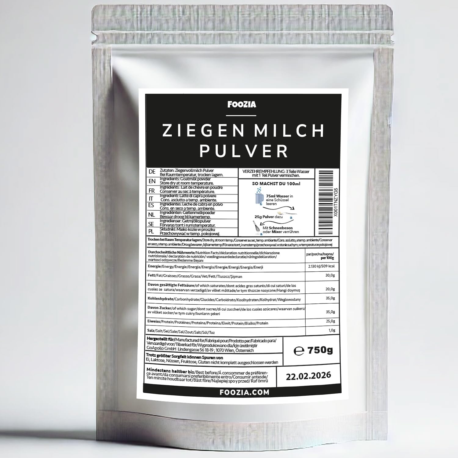 Foozia puro latte di capra in polvere - senza additivi per esseri umani e animali